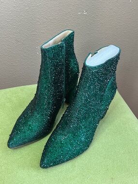Betsey Johnson Emerald Green Glitter & Bead Ankle Booties